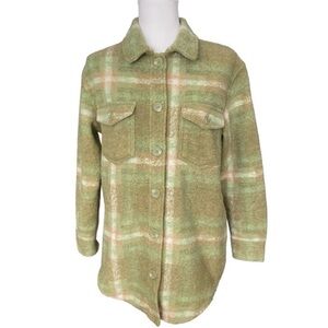 Joie Plaid Wool Blend Shacket Shirt Jacket Green Tan Peach Brushed Fabric XS